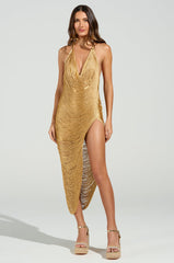 SOFIA FRINGE HIGH SLIT MIDI DRESS IN GOLD