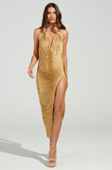 SOFIA FRINGE HIGH SLIT MIDI DRESS IN GOLD