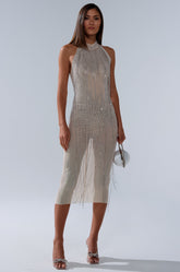 KEKE MIDI DRESS WITH RHINESTONE FRINGE