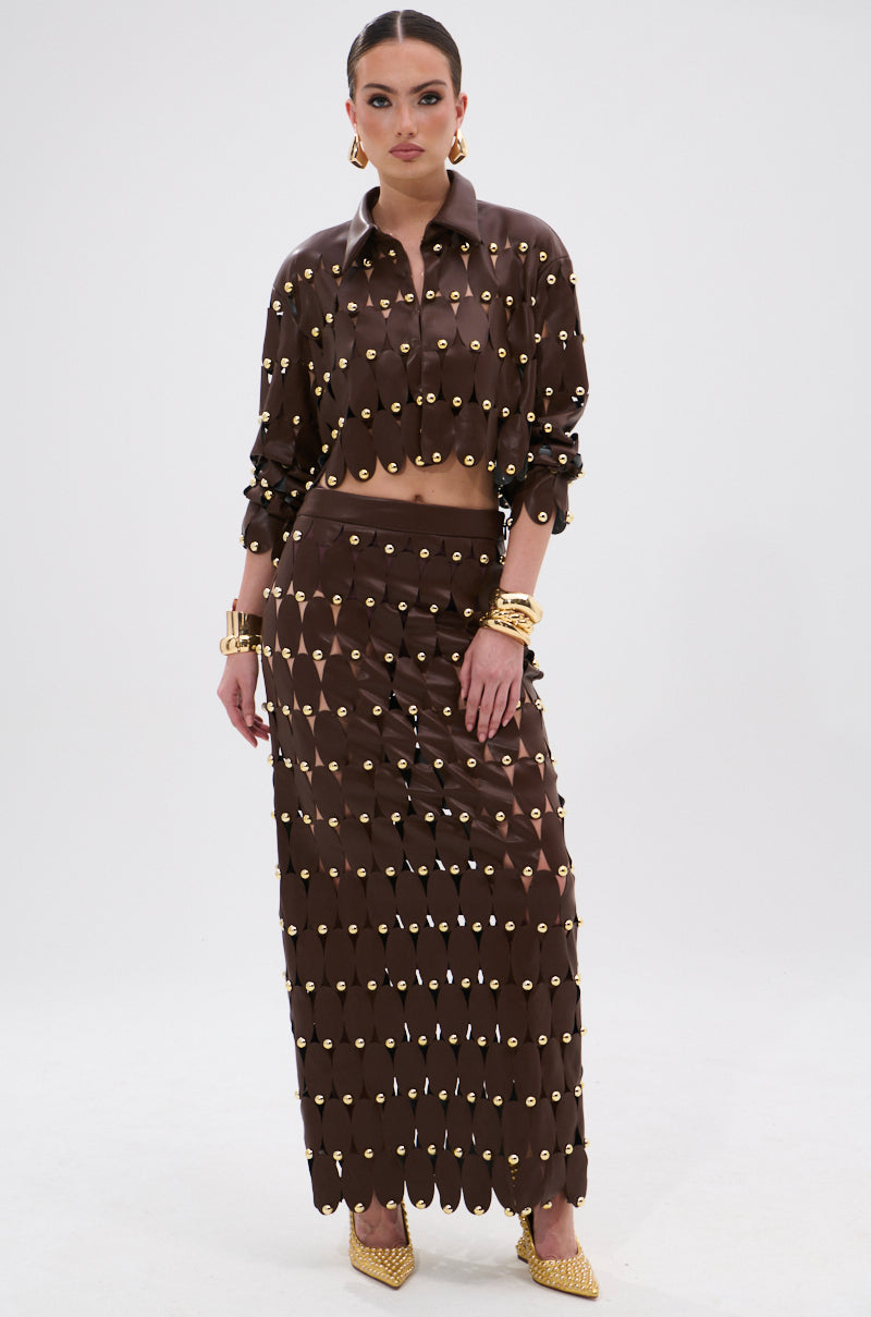 SNEAK PEEK STUDDED PU CROP CARDIGAN IN BROWN
