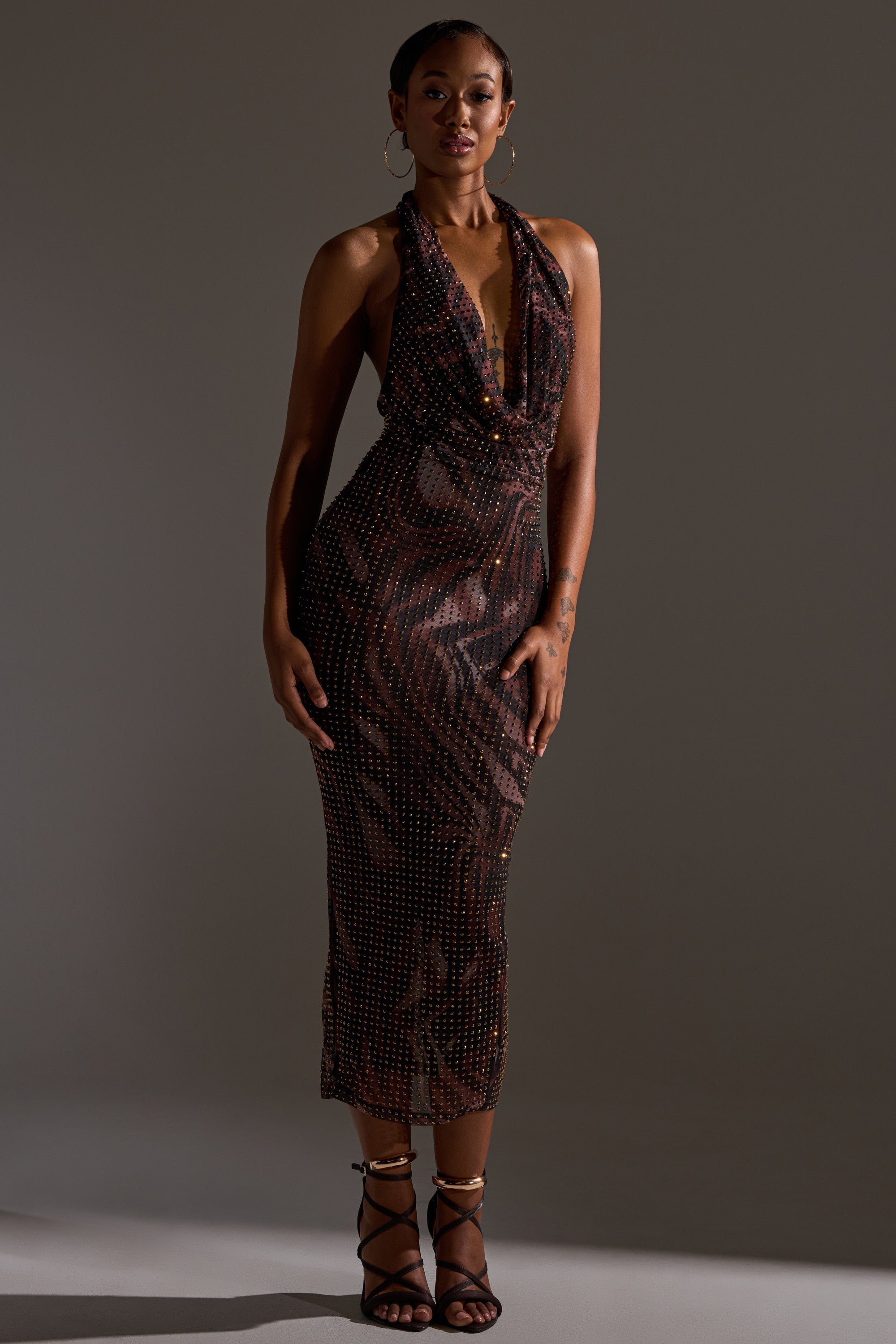 LENNON PRINTED MESH RHINESTONE MIDI DRESS