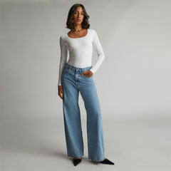 The Long-Sleeve Supima® Square-Neck Bodysuit | White | Thong