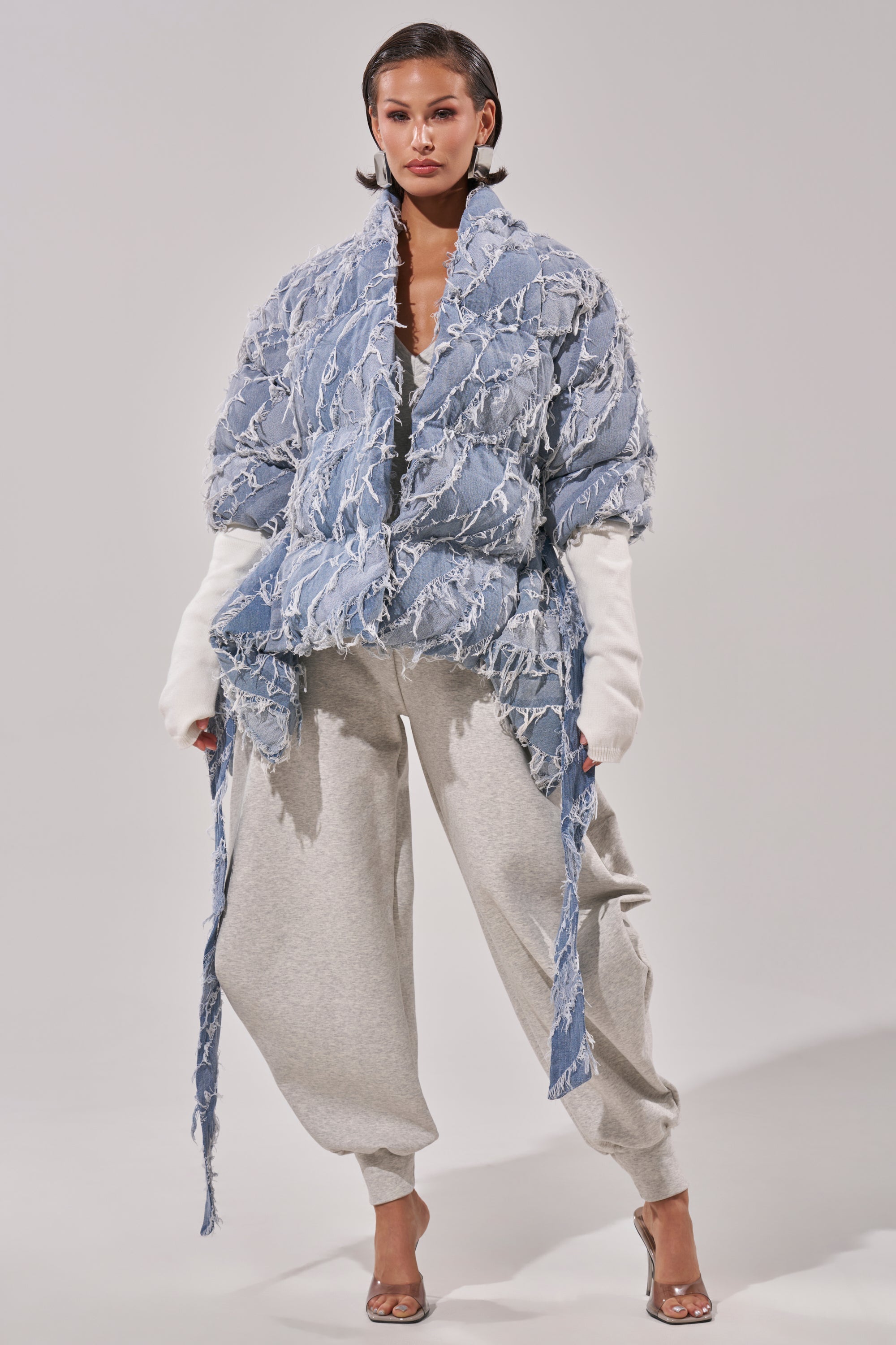RIB SLEEVE PEPLUM PUFFER IN DENIM