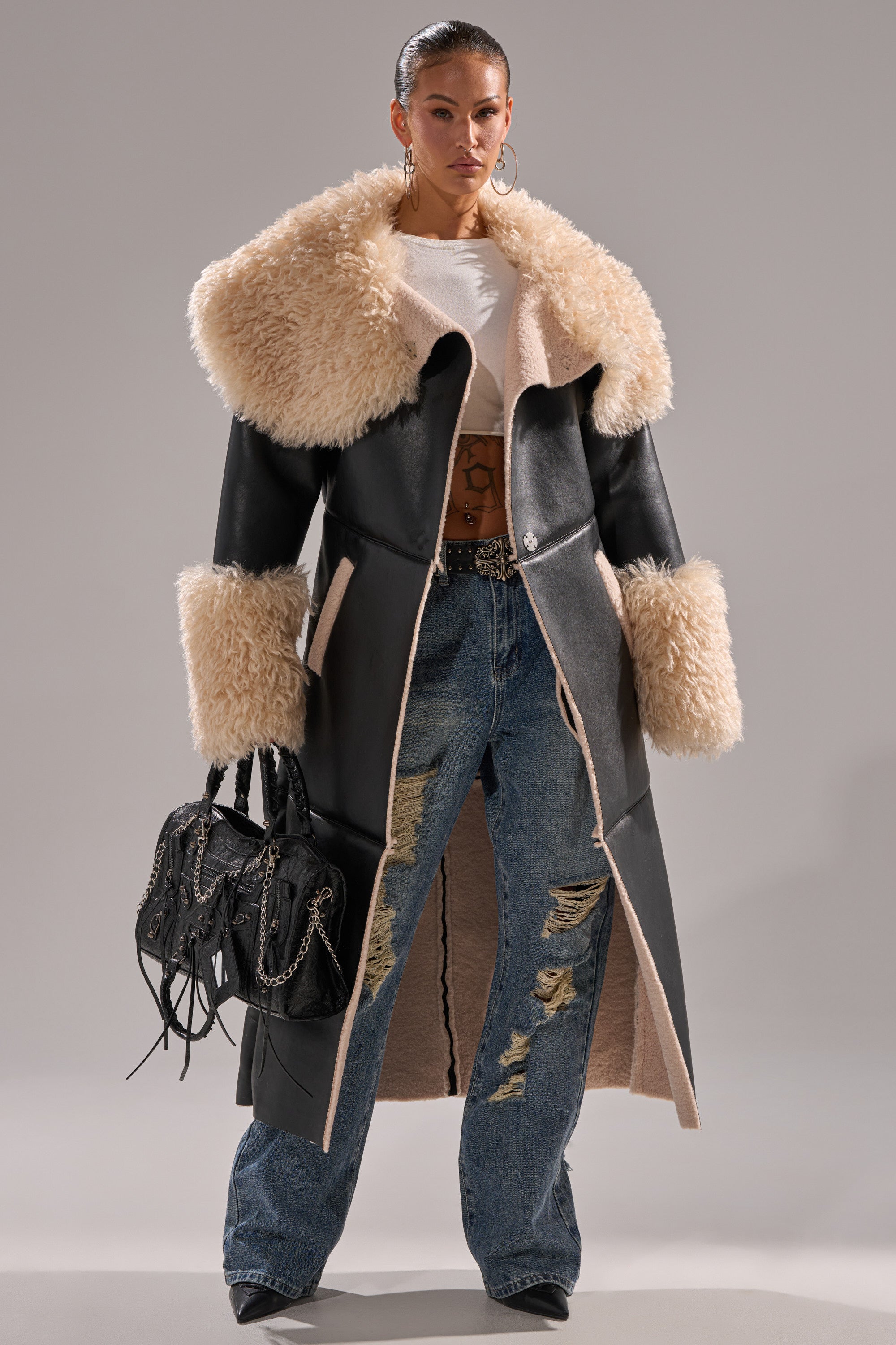 SHE GOT IT FLUFFY PU TRENCH WITH BONDED SHERPA