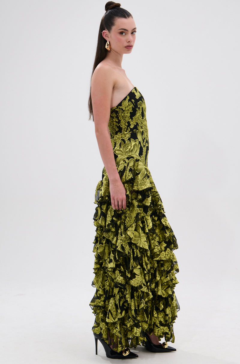 STOLE THE SHOW SATIN RUFFLE MAXI DRESS