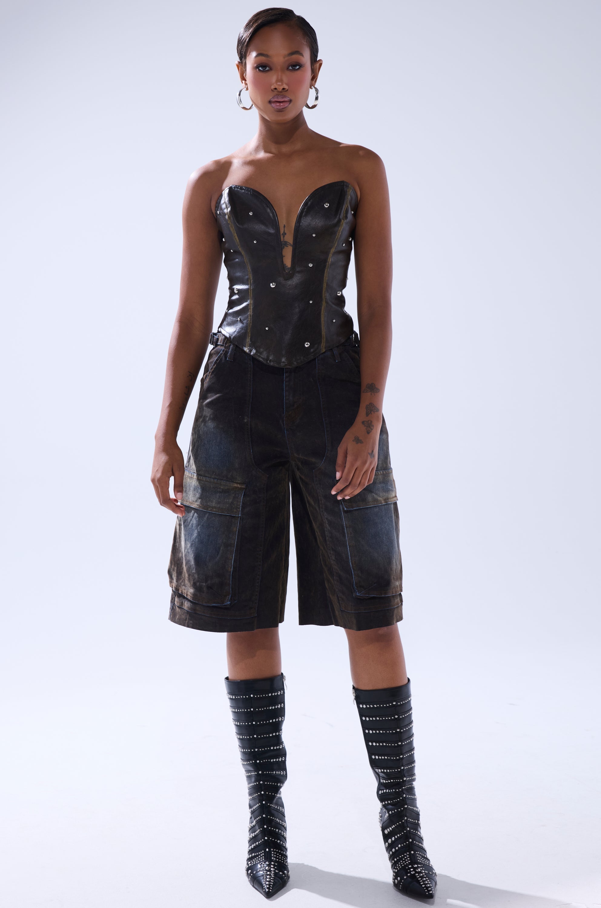 HARD TO PLEASE STUDDED FAUX LEATHER CORSET