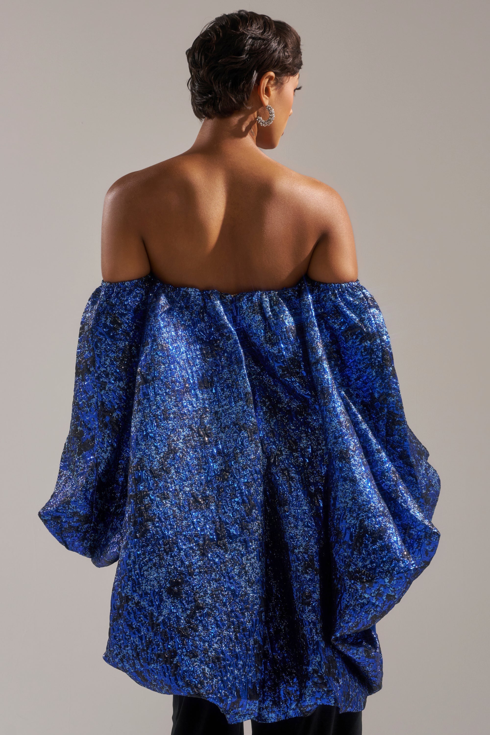 MELANI OFF THE SHOULDER HI-LOW BROCADE BLOUSE