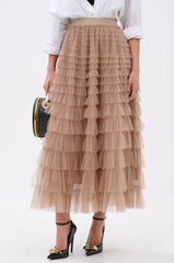STARS ALIGNED MESH RUFFLE MAXI SKIRT