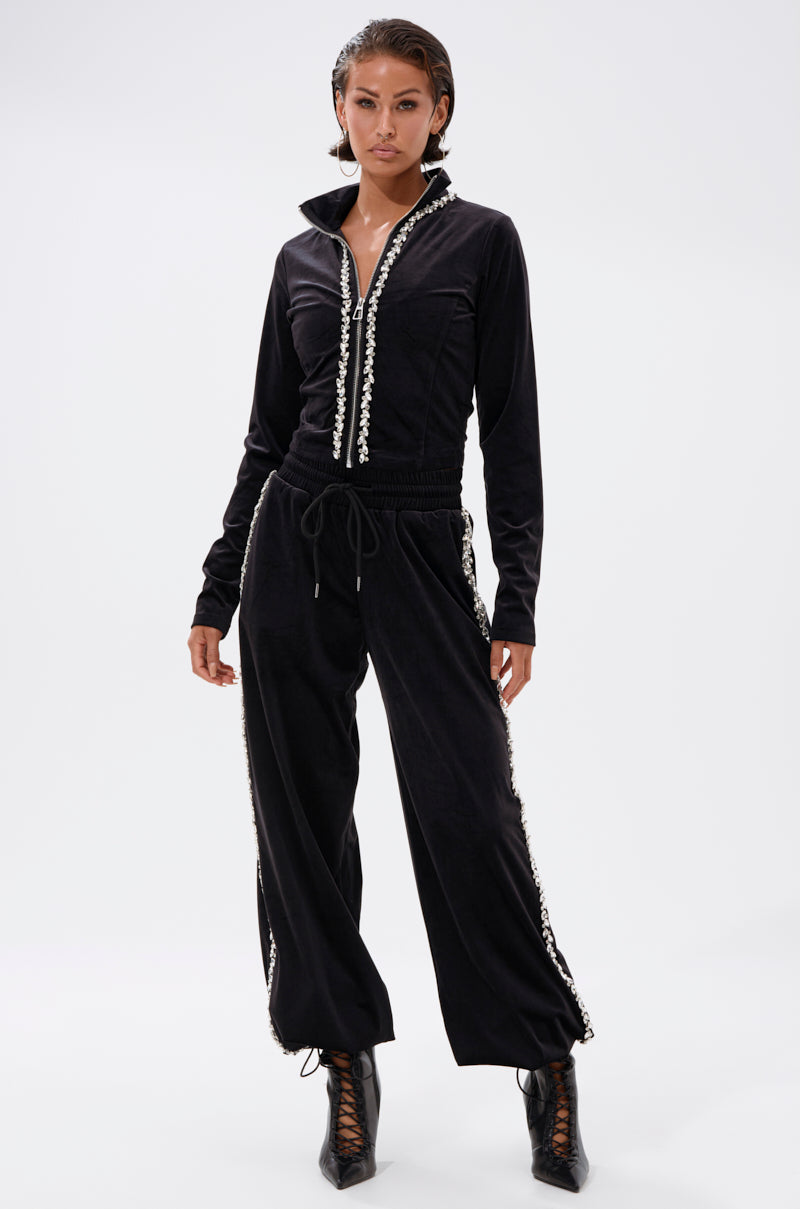 DARA RHINESTONE MOCK NECK ZIP-UP SWEATSHIRT
