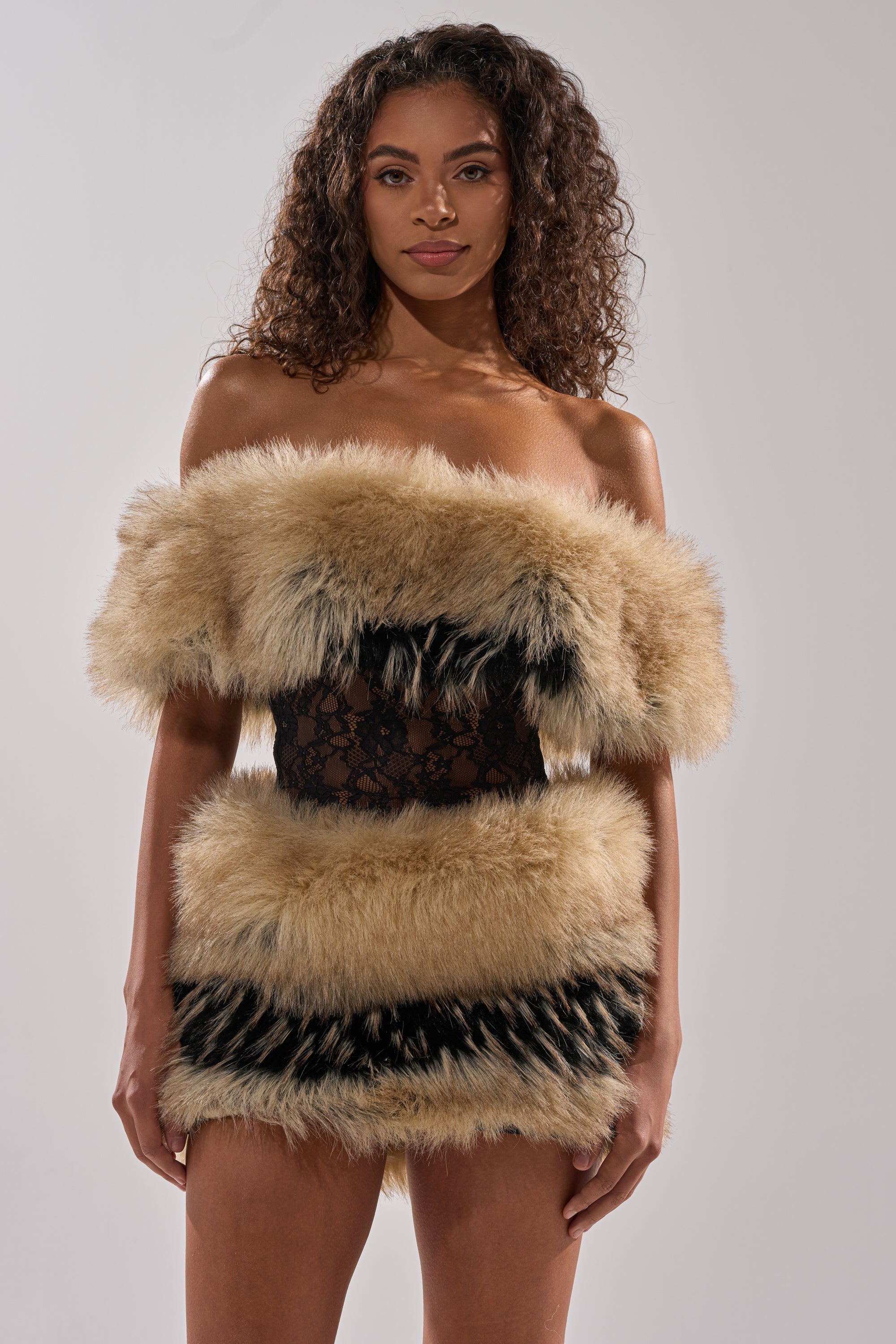 COOL GIRLS ONLY LACE FUR MINI DRESS