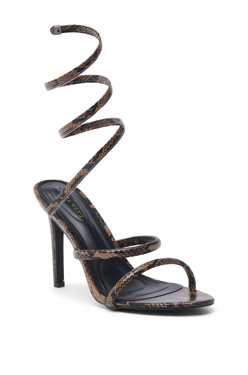 AKIRA LOWRI BROWN SNAKE SPIRAL STILETTO SANDAL
