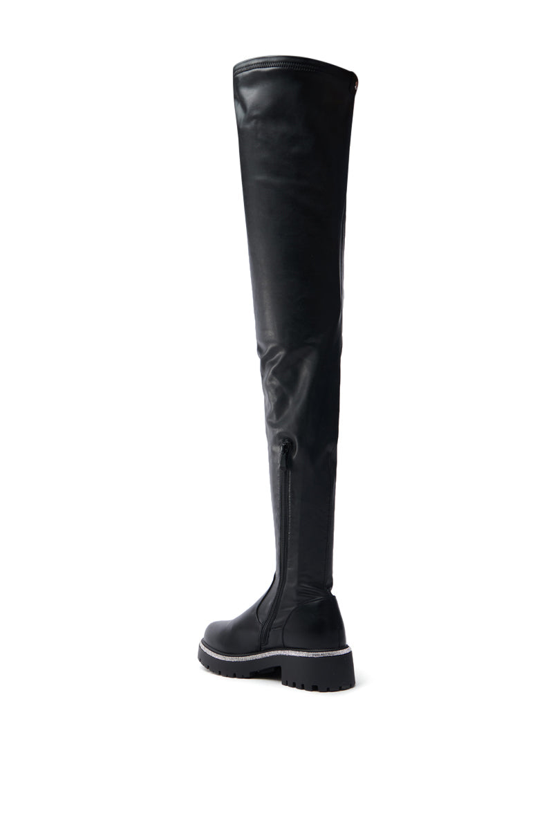 AZALEA WANG NEWRULES RHINESTONE STRETCH PU FLAT BOOT