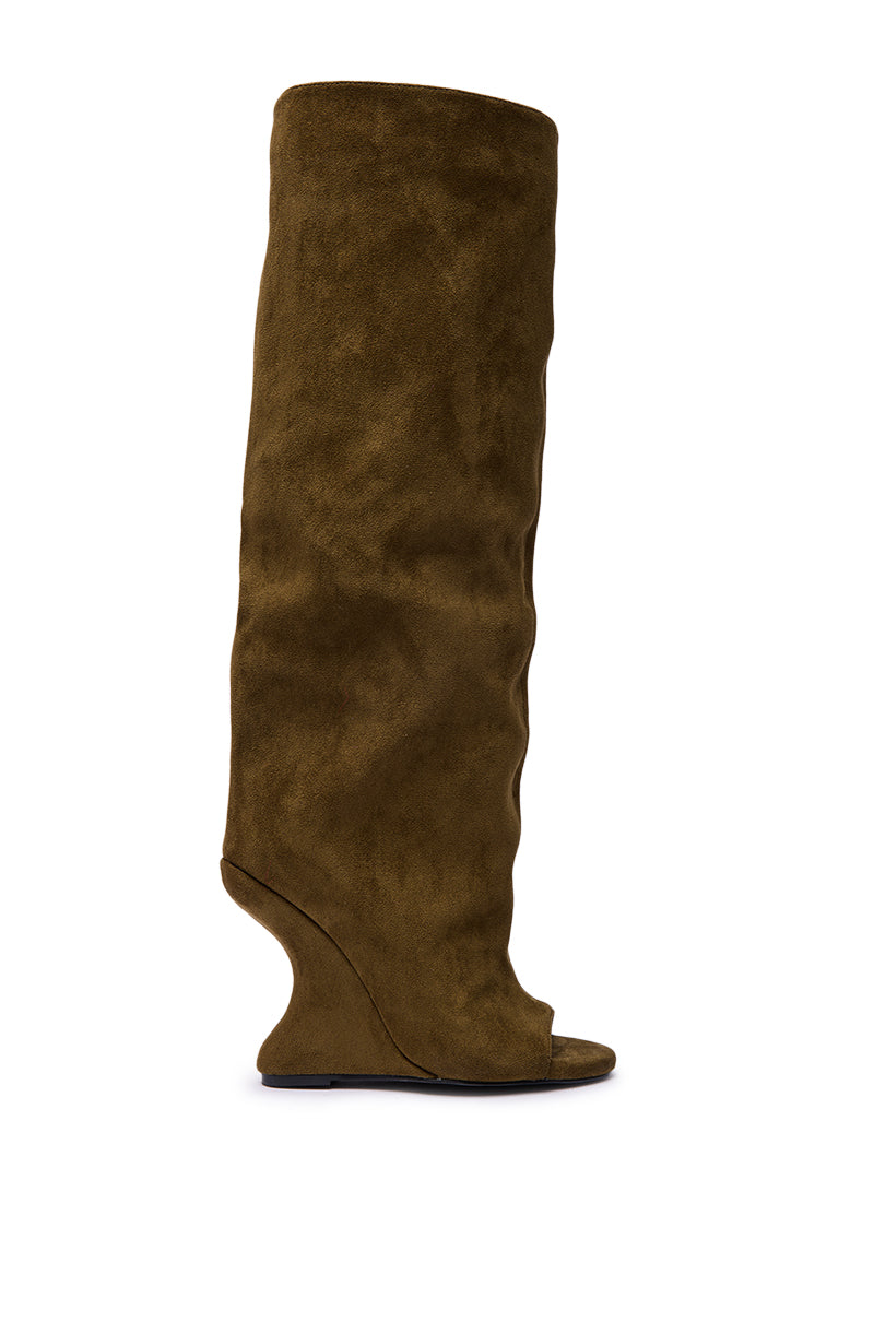 AZALEA WANG VINCENT OLIVE FAUX SUDED OPEN TOE WEDGE BOOT
