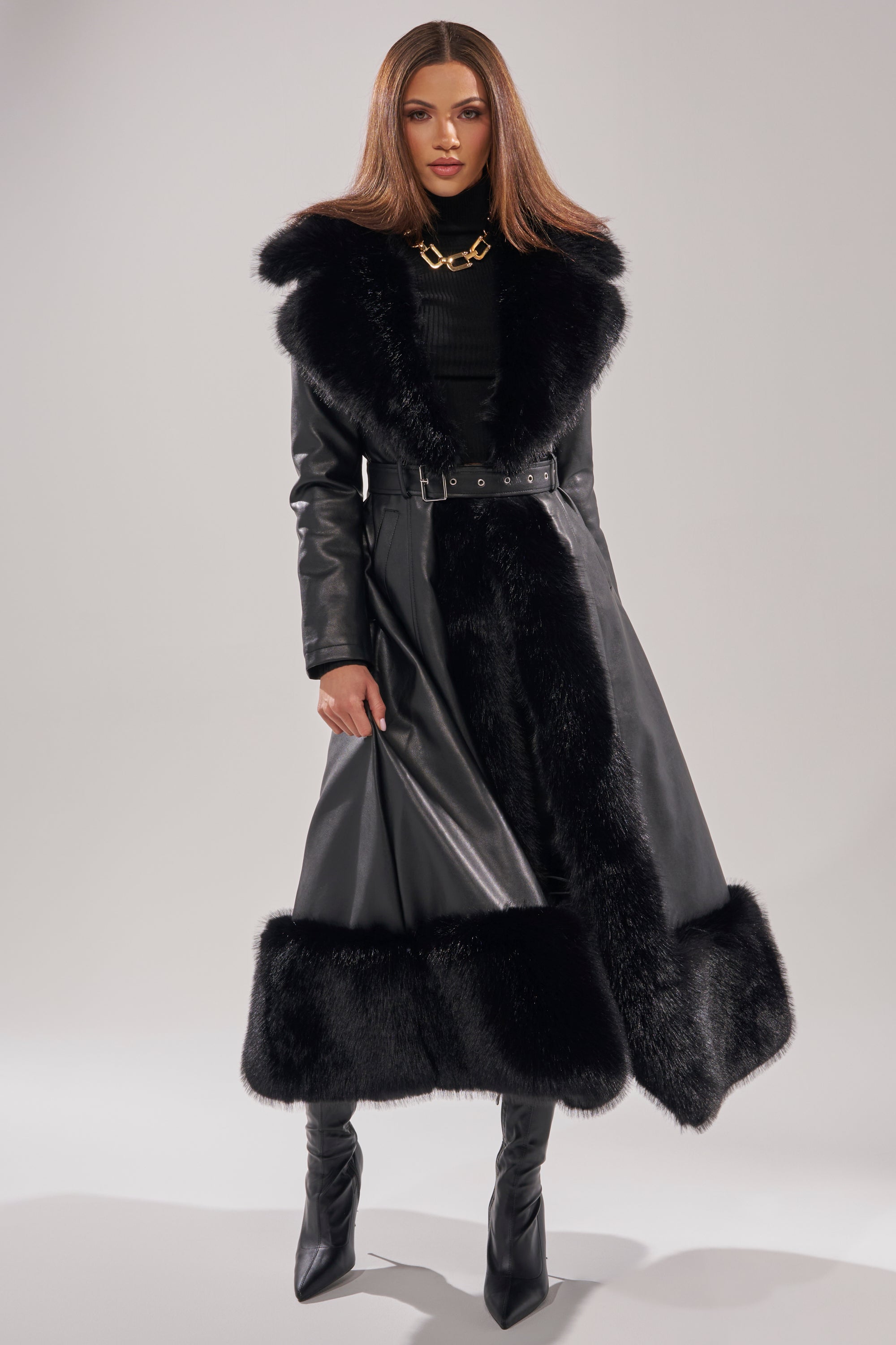 VIVAN LONG PU TRENCH WITH FAUX FUR TRIM