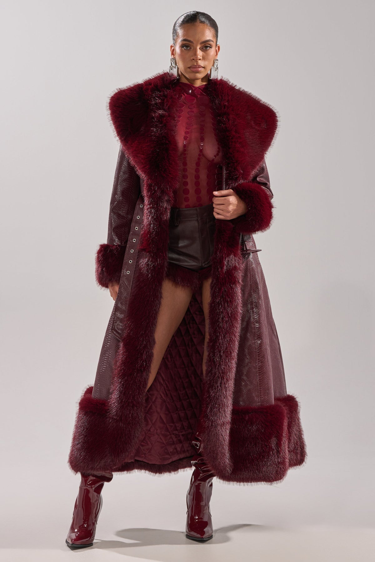 VIVIAN FUR TRIM TRENCH IN BURGUNDY