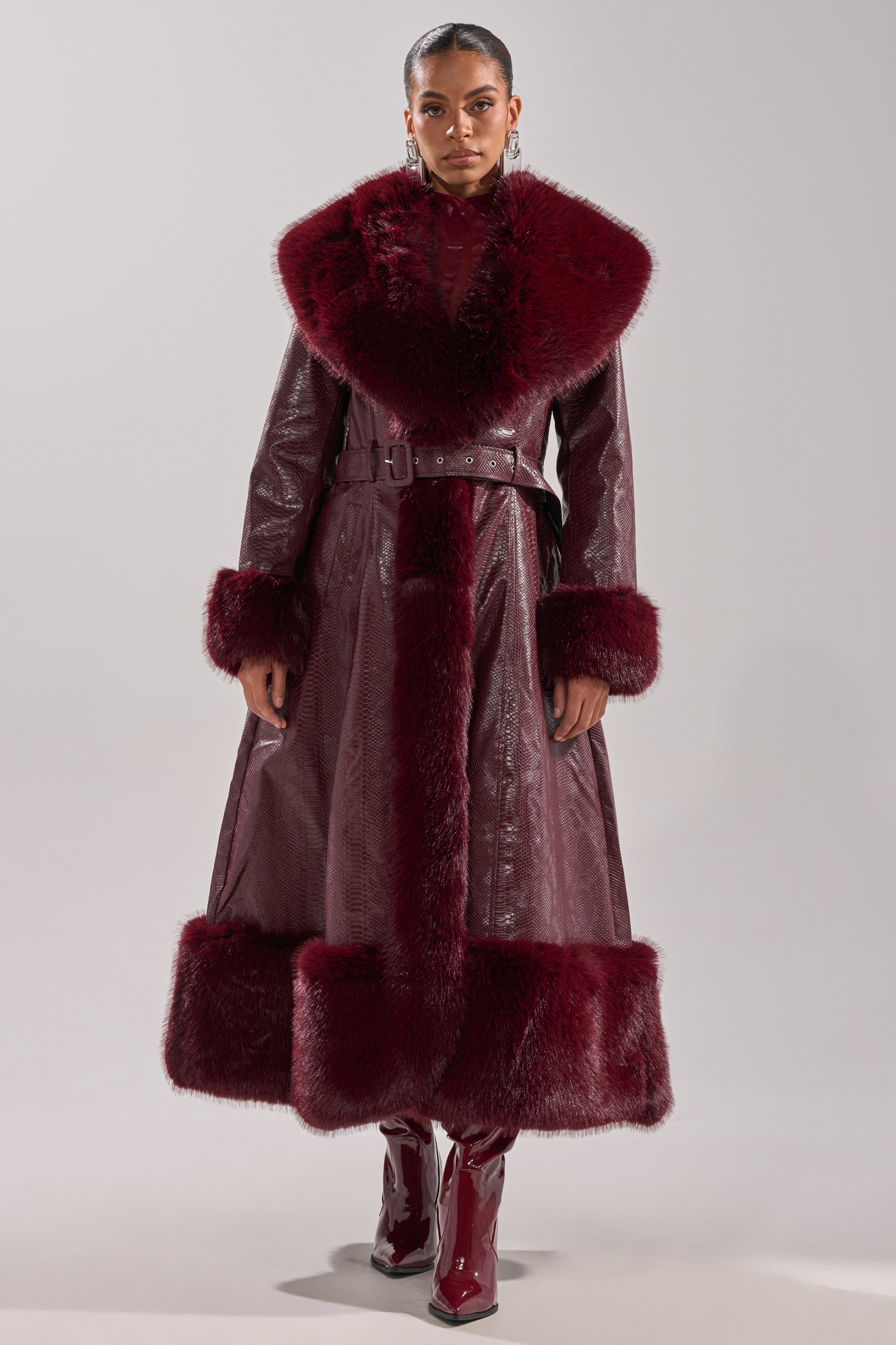 VIVIAN FUR TRIM TRENCH IN BURGUNDY