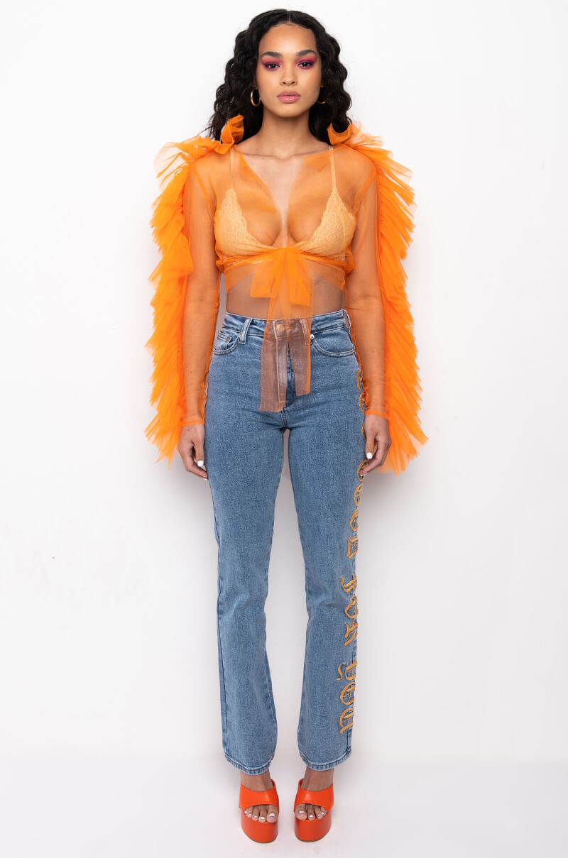 BASEL RUFFLE SLEEVE TIE FRONT TULLE BLOUSE