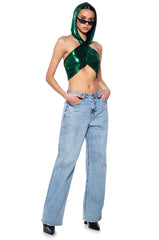COME THROUGH HOODED METALLIC CROP TOP