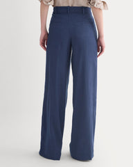 Wide-Leg Belted Pant in Stretch Linen | Navy | Long