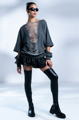 SPOTLIGHT SHREDDED ZIP SLEEVE SWEATSHIRT