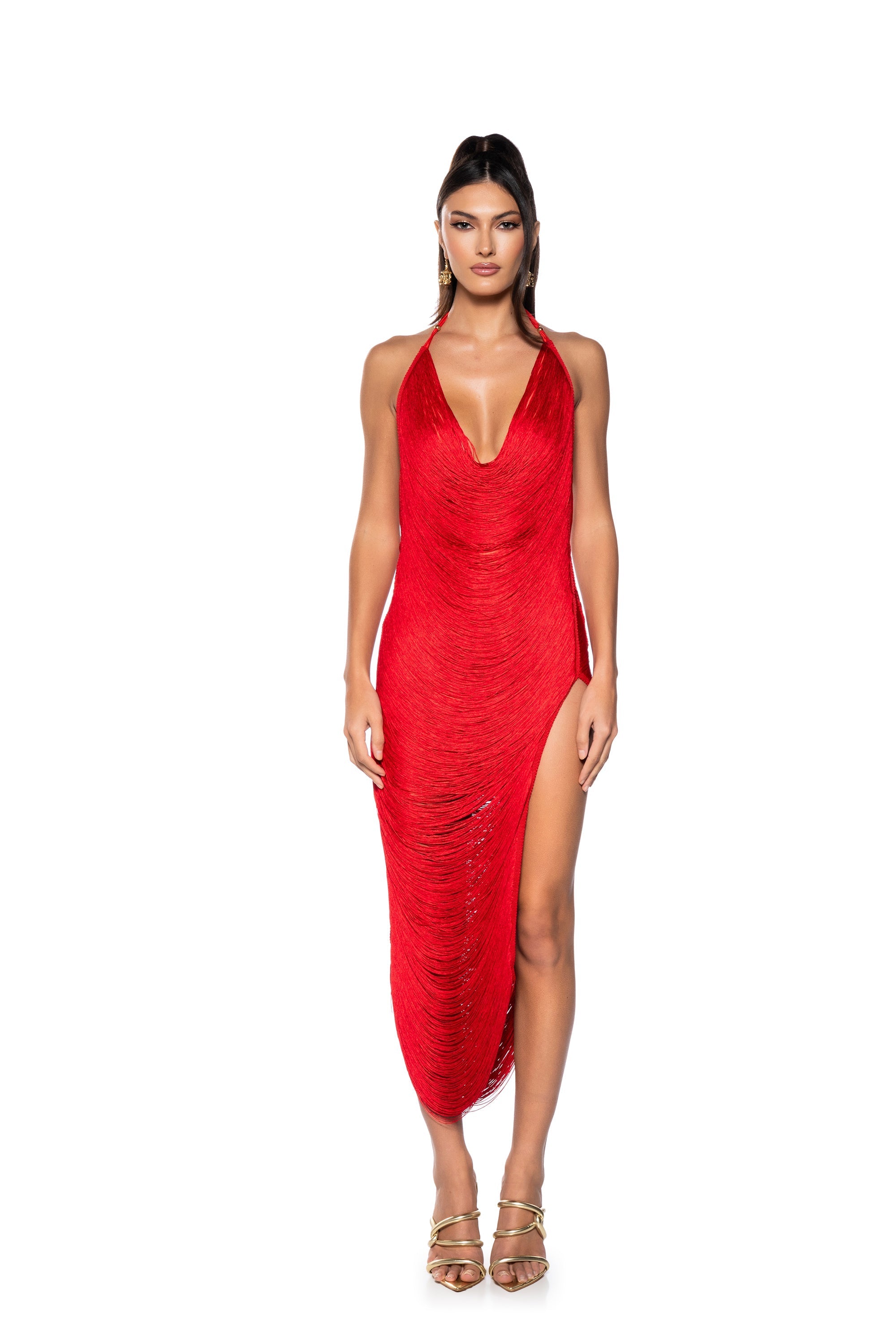 GIANINA FRINGED COWL NECK MAXI DRESS IN RED