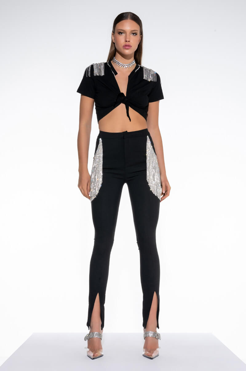 HOUSTON ATLANTA VEGAS EMBELLISHED TIE FRONT CROP TOP