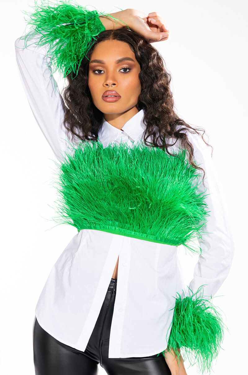 IM A FLIRT OSTRICH FEATHER BUTTON DOWN BLOUSE