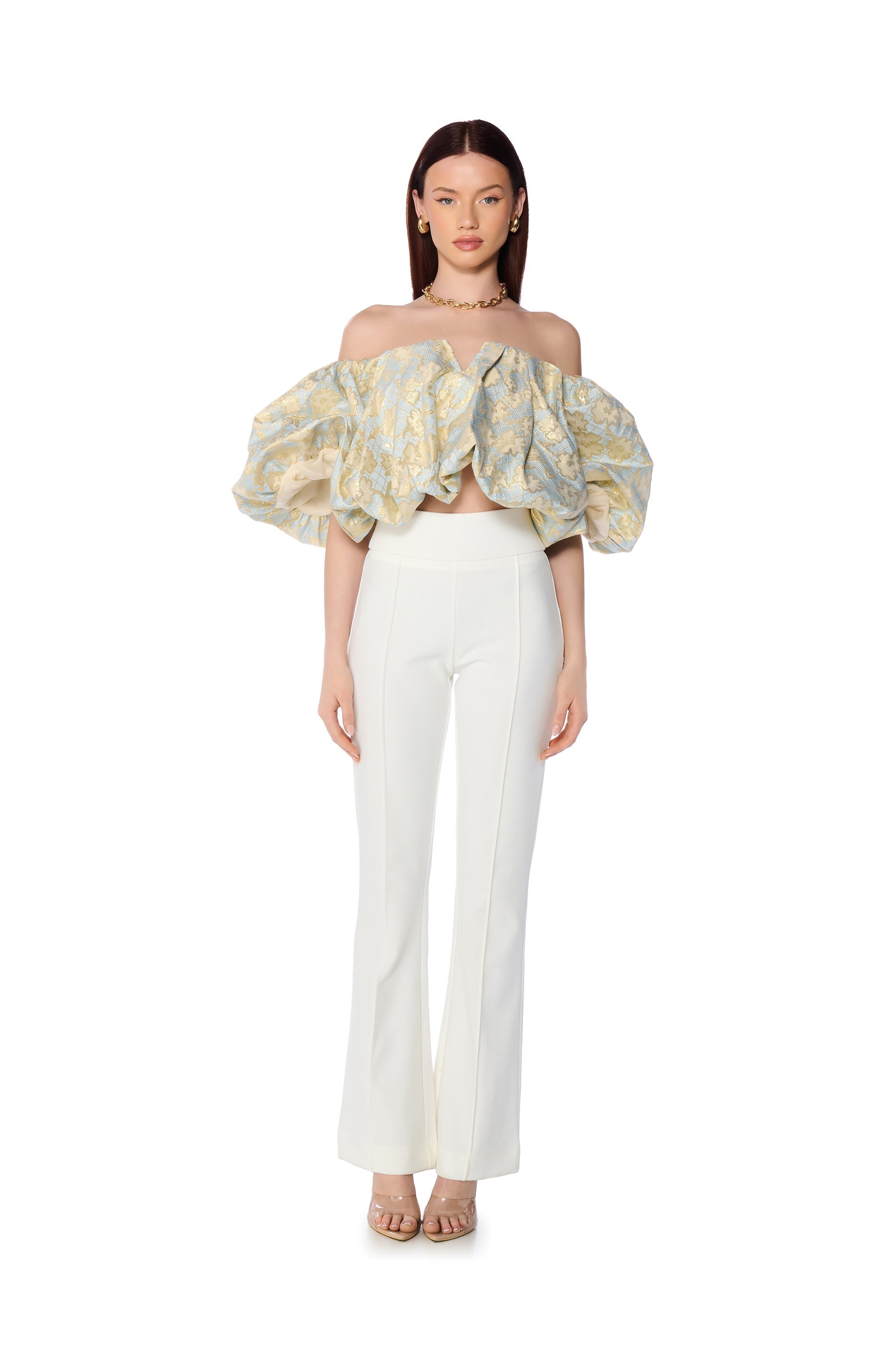 IRIS OFF THE SHOULDER BLUE BROCADE BLOUSE