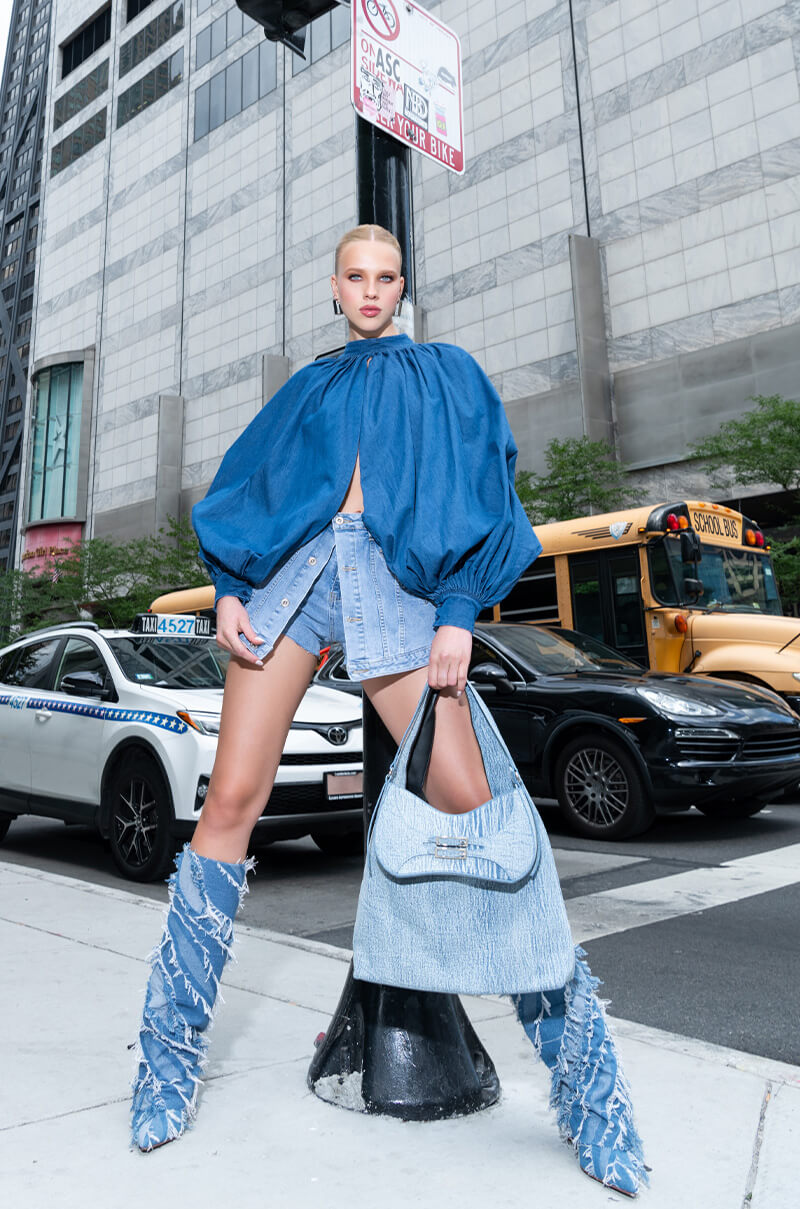 LEAH RUCHED DENIM MOCK NECK TOP