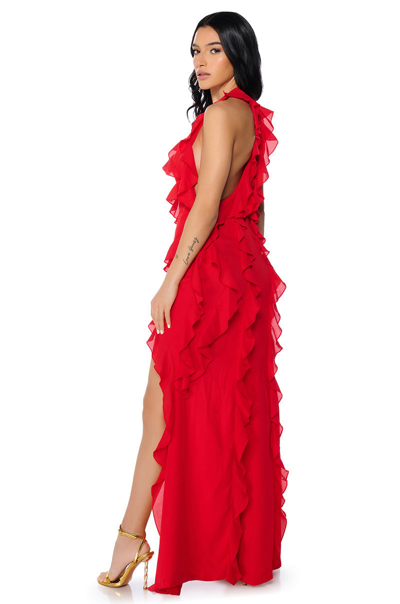 READY TO PARTY RUFFLED HIGH LOW MINI DRESS