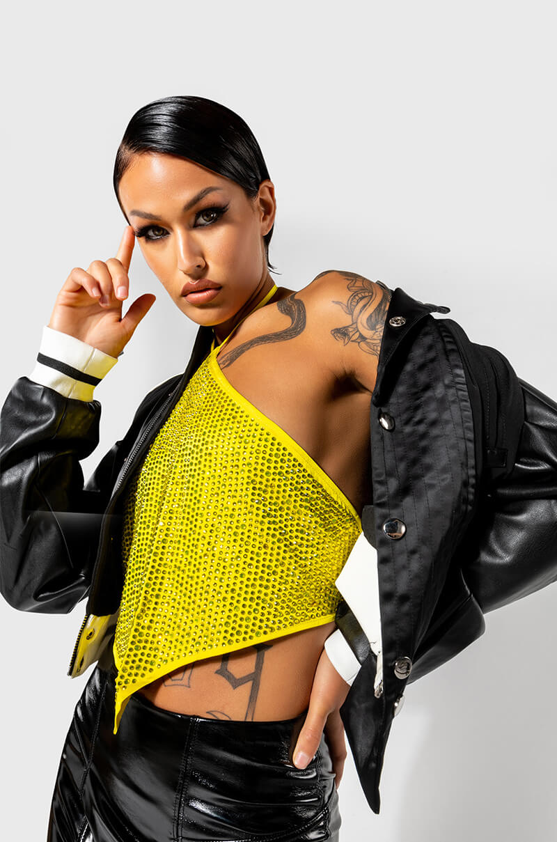 SATURDAZE RHINESTONE HALTER CROP TOP