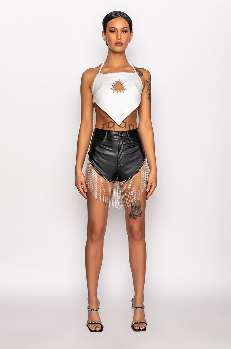 SHAKE A TAIL FEATHER RHINESTONE FRINGE SHORTS