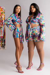 SKYART X AKIRA SATIN TIE FRONT BLOUSE