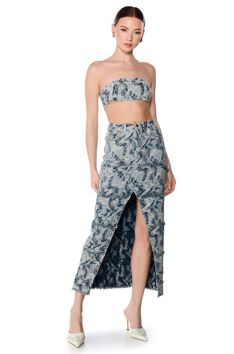 SOLEIL DISTRESSED DENIM MAXI SKIRT