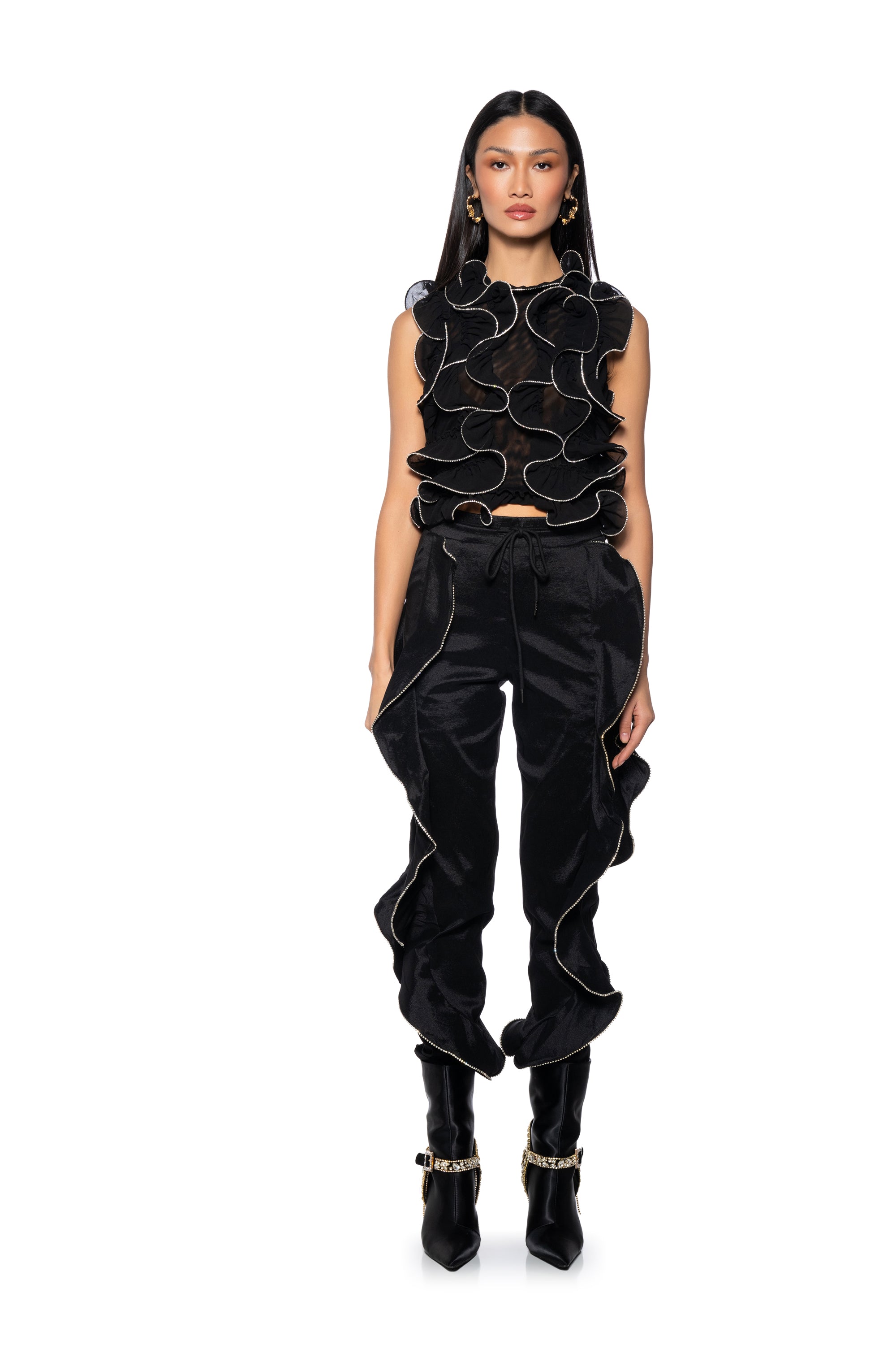 STOP AND STARE EMBELLISHED TULLE RUFFLE BLOUSE
